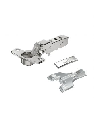 Hettich - hinge with integrated silent system, nickel plated, half overlay, Opening angle 110°, TH-drilling pattern 52 x 5.5 mm, screwing on, for aluminum profile