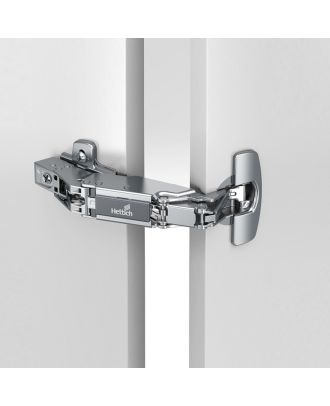 Hettich - wide angle hinge, with zero protrusion, with integrated silent system, nickel plated, overlay, Opening angle 165°, TH-drilling pattern 52 x 5.5 mm, for screwing on