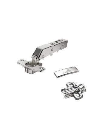 Hettich - angle hinge W45 with integrated silent system, nickel plated, overlay, Opening angle 95°, TH-drilling pattern 52 x 5.5 mm, for screwing on