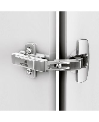 Hettich - hinge for corner cabinet folding doors without self closing feature, nickel plated, overlay, Opening angle 50° / 65°, for screwing on