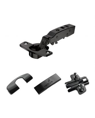 Hettich - hinge with integrated silent system, black, overlay, Opening angle 110°, TH-drilling pattern 52 x 5.5 mm, for screwing on
