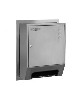 Semi-recessed stainless steel paper towel dispenser. Satin