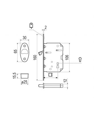 Lock Scivola tre 16 x 160 forend For Sliding Doors Matt Chrome cylinder lock