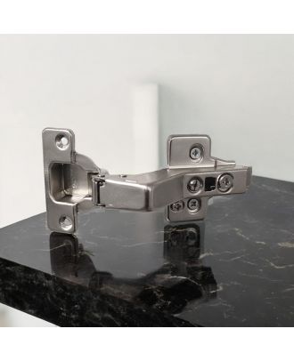 DANCO soft closing hinge opening 90° for corners 30° with 3D adjustment, Cup Ø35, 48mm drilling pattern, for screwing on, Nickle