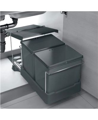 INOXA - extractable dustbins flip top lid for kitchen cabinet, 2 bins, 17L Bucket, Anthracit