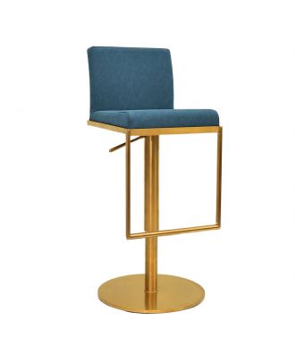 Gianna adjustable hydraulic bar stool, stainless steel, Gold Base/Teal Blue Seat