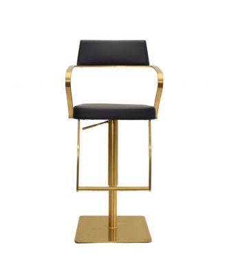 Comfortable Bar Stool with arm & footrest, 360° Rotation & Adjustable height, stainless steel, Gold Base/ Black Seat