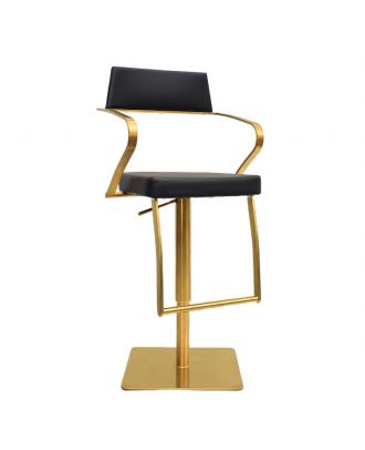 Comfortable Bar Stool with arm & footrest, 360° Rotation & Adjustable height, stainless steel, Gold Base/ Black Seat