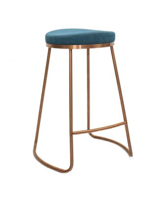 Luxury Bar Stool with footrest, backless made of stainless steel, Rose Gold Base/ Teal Blue Seat