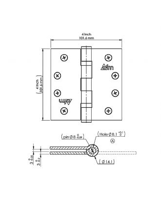 Wooden Door Hinge 4” X 4” X 3mm Stainless Steel, Black