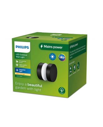 Philips Laven Outdoor Wall Light 6W, 2700K, Horizontal, Black , IP44 Weatherproof