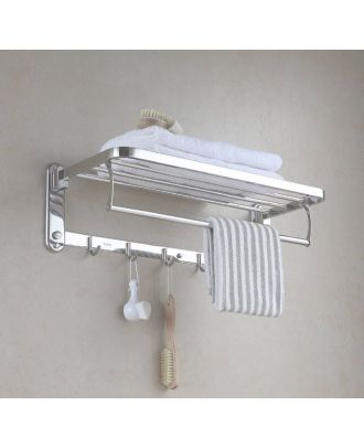 Hotel Folding Wall Mounted Stainless Steel Towel Rack Shelf with Hooks