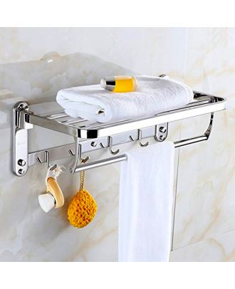 Hotel Folding Wall Mounted Stainless Steel Towel Rack Shelf with 4 Hooks
