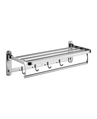 Hotel Folding Wall Mounted Stainless Steel Towel Rack Shelf with 4 Hooks