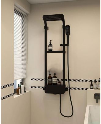 Gravity - Luxury Rain Shower System, Wall Mounted, High-Pressure, with shelf & separate Hand Shower, Black
