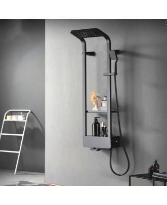 Gravity - Luxury Rain Shower System, Wall Mounted, High-Pressure, with shelf & separate Hand Shower, Black