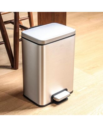 EKO Madison 12L trash can with lid and removable inner basket, rectangular small step, matt stainless steel