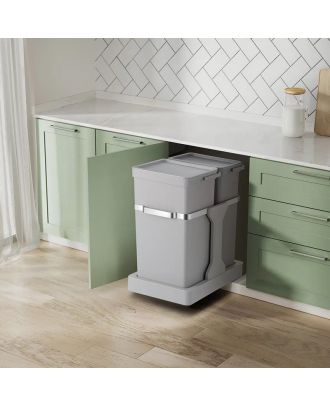 Built-in waste bin for kitchen cupboard with pull out system and handle (20+15 liter), Grey