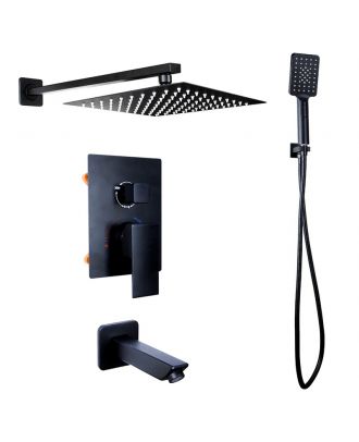 Complete Rain Shower Faucet set, 3-outlet mixer, shower head and hand shower, black matt