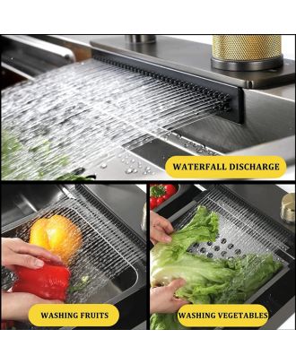 Smart Kitchen Sink With Pull-out Flying rain Waterfall Faucet 68X46cm ,Grey