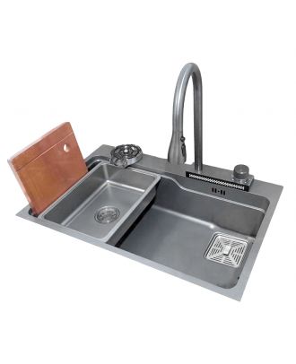 Smart Kitchen Sink With Pull-out Flying rain Waterfall Faucet 68X46cm ,Grey