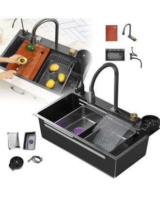 Smart Kitchen Sink With Pull-out Flying rain Waterfall Faucet 75X46cm ,Grey