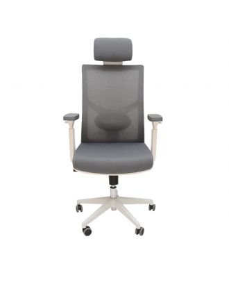 Chair office with adjustable headrest and 3D armrests , Class 3 gas bar, 60mm PU casters, White X Grey