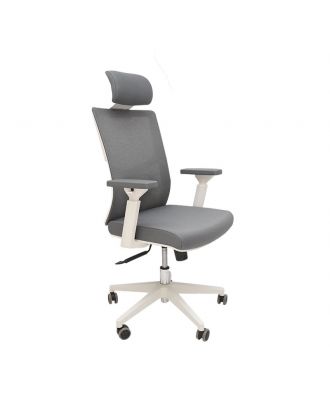 Chair office with adjustable headrest and 3D armrests , Class 3 gas bar, 60mm PU casters, White X Grey