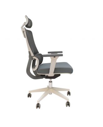 Chair office with 2D adjustment headrest and 3D armrests , Class 3 gas bar, 60mm PU casters, White X Grey