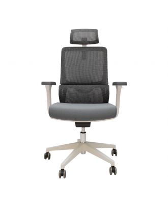 Chair office with 2D adjustment headrest and 3D armrests , Class 3 gas bar, 60mm PU casters, White X Grey