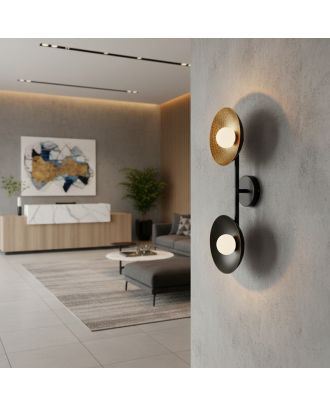 Modern Wall Sconce – Matte Black & Gold with 2 Frosted Glass globe