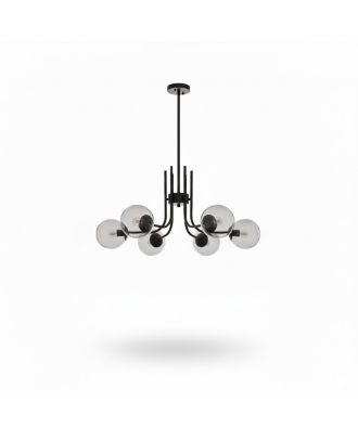 Modern black ceiling chandelier with six arms and smoked glass balls