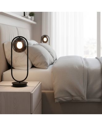 Modern Table Lamp comfortable ambient light, Black with smoked glass globe