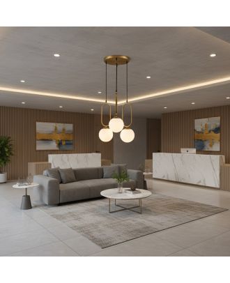 Modern triple pendant light, Gold Design & White glass globes