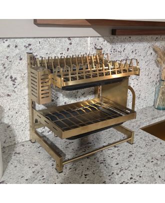Lom Stainless Steel 2 Tier Kitchen Dish Rack - golden