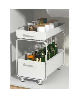 2 Tier Sliding Cabinet Basket Organizer Sliding Drawer For Kitchen-White