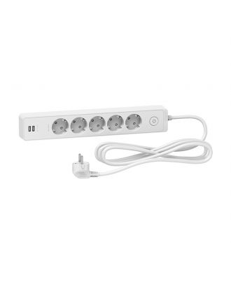 Unica Extend - Schuko Trailing Lead -5 Gangs - With Usb Port - White