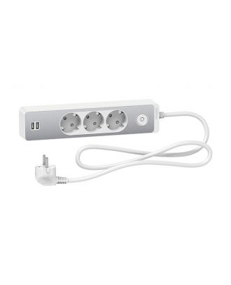 Unica Extend - Schuko Trailing Lead -3 Gangs - With Usb Port - Aluminium/White