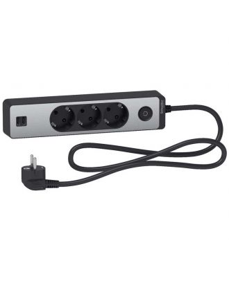 Unica Extend - Schuko Trailing Lead -3 Gangs - With Usb Port - Anthracite/Aluminium