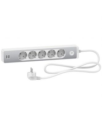 Unica Extend - Schuko Trailing Lead -5 Gangs - With Usb Port - Aluminium/White