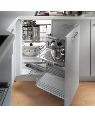 Magic Corner Set For 90/100 Cm Cabinet Widths, Swing Out Right, Chrome Railing And Ice White Base Panel