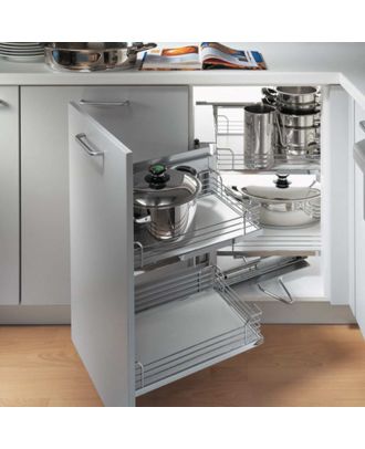 Magic Corner Set For 90/100 Cm Cabinet Widths, Swing Out Left, Chrome Railing And Ice White Base Panel